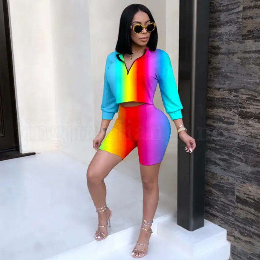 

2 Piece Set Women Rainbow Stripe Zip O-Neck Top And Elastic Waist Shorts 2019 Summer Lady Casual Tie Dye Print Two-Piece Set