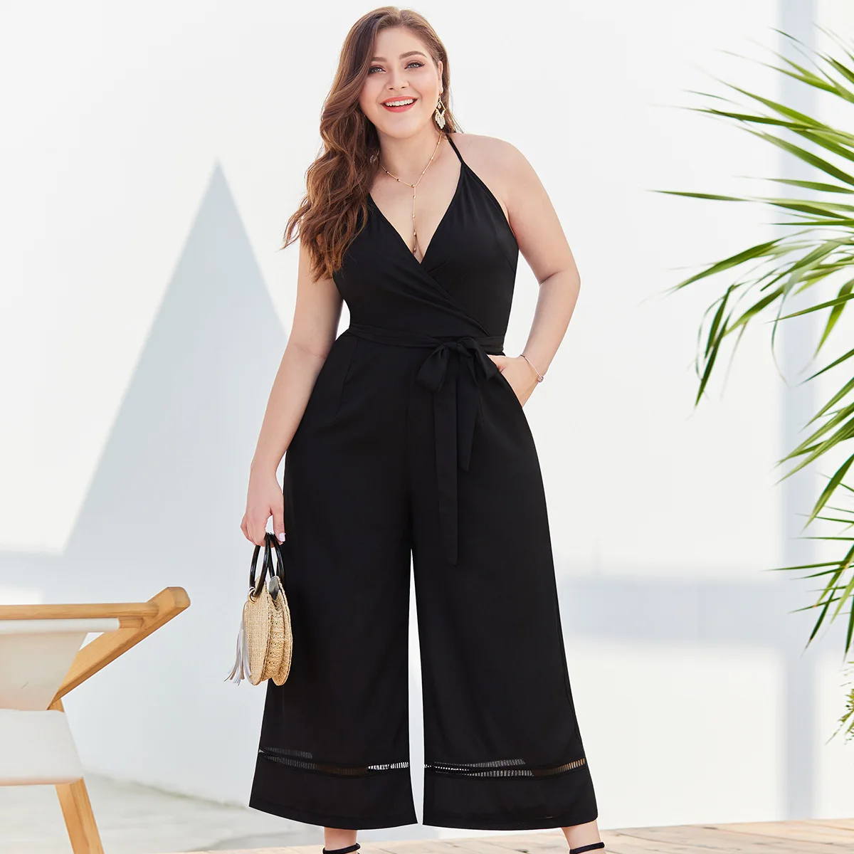 

Summer Europe And The United States New Women Mesh Holiday Casual Trousers Sling Waist Wide Leg Pocket Large Size Jumpsuit