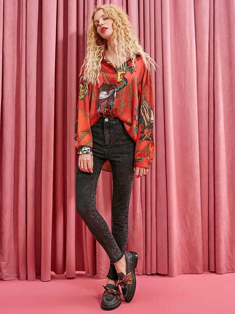 Najtaniej ELFSACK czerwony nadruk zapinany na jeden guzik Breasted bluzka damska 2019 Winter grey Korean Vintage Casual biurowa, damska codzienna bluzka