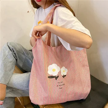 

Women Canvas Shoulder Bag Vertical Stripes Design Ladies' Large Capacity Cloth Handbag Big Tote Eco Friendly Cute Shopping Bag