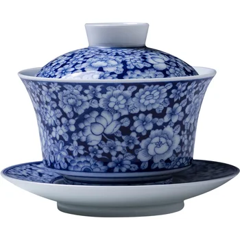 

three to tureen teacups hand-painted ceramic blue and blue to purple flower tureen all hand jingdezhen kung fu tea set