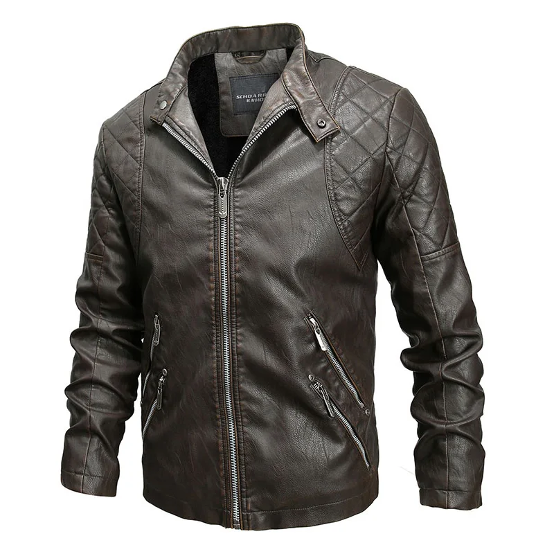 Мужская кожаная куртка, винтажная черная классическая Байкерская мотоциклетная куртка, модное пальто на молнии с карманом, искусственная кожа, бархат, зимняя мужская одежда