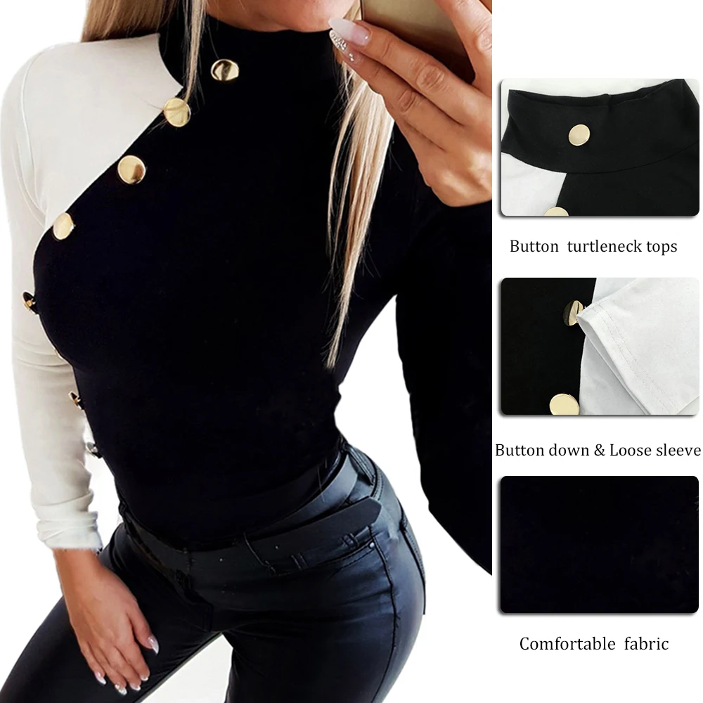 LITTHING Женская эластичная блуза, сексуальный пуловер с длинным рукавом, с цветными блоками, с высоким воротом, топы на осень и зиму, модная повседневная рубашка