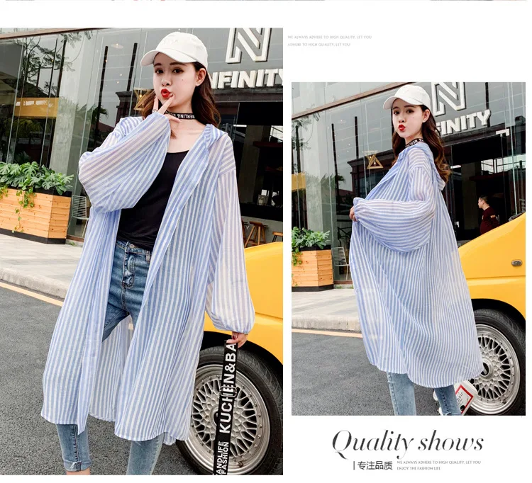 Spring And Summer New Style Korean-style Loose-Fit BF Mid-length Striped Shirt Hooded Sunscreen Coat Thin Coat
