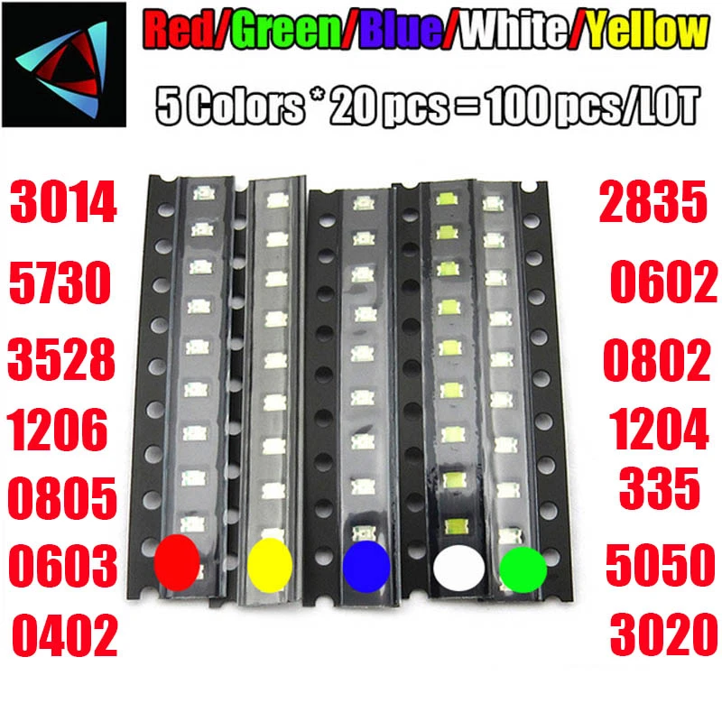 100Pcs 0603/0805/1206/1210 SMD LED Diodos Kit Roja Verde Azul Blanco Amarillo