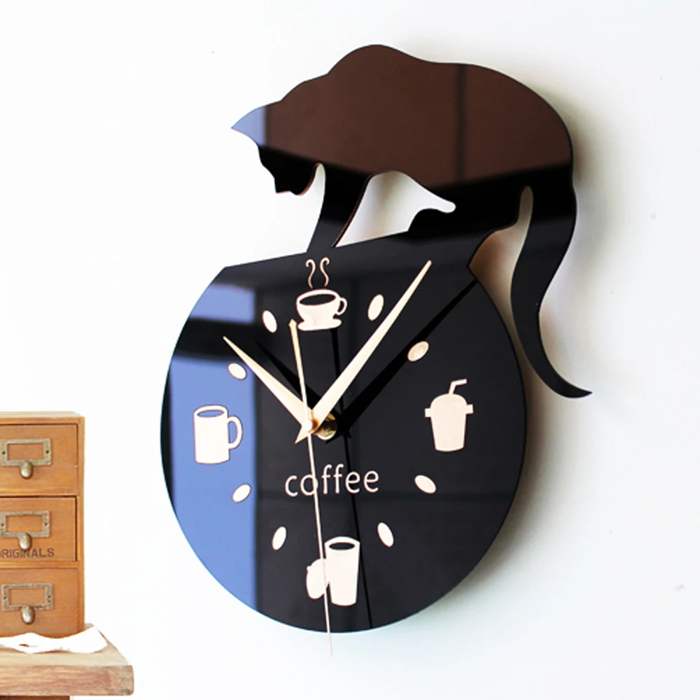

Creative Cute Cat Wall Clock Modern Design Coffee Kitchen Watch Cartoon Black 3D Wall Sticker Clocks Home Decor Silent 12"