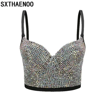 

SXTHAENOO Corset Night Club Sexy Crop Top Vest Push Up Bustier Hand Made Rhinestone Beading Diamond Pearl Women Short Corset