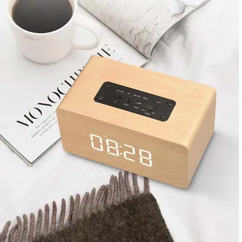 

High Quality Portable Wooden Wireless HiFi Bass Bluetooth Loudspeaker Alarm Clock Soundbar MP3 Speaker FM Radio TF Card