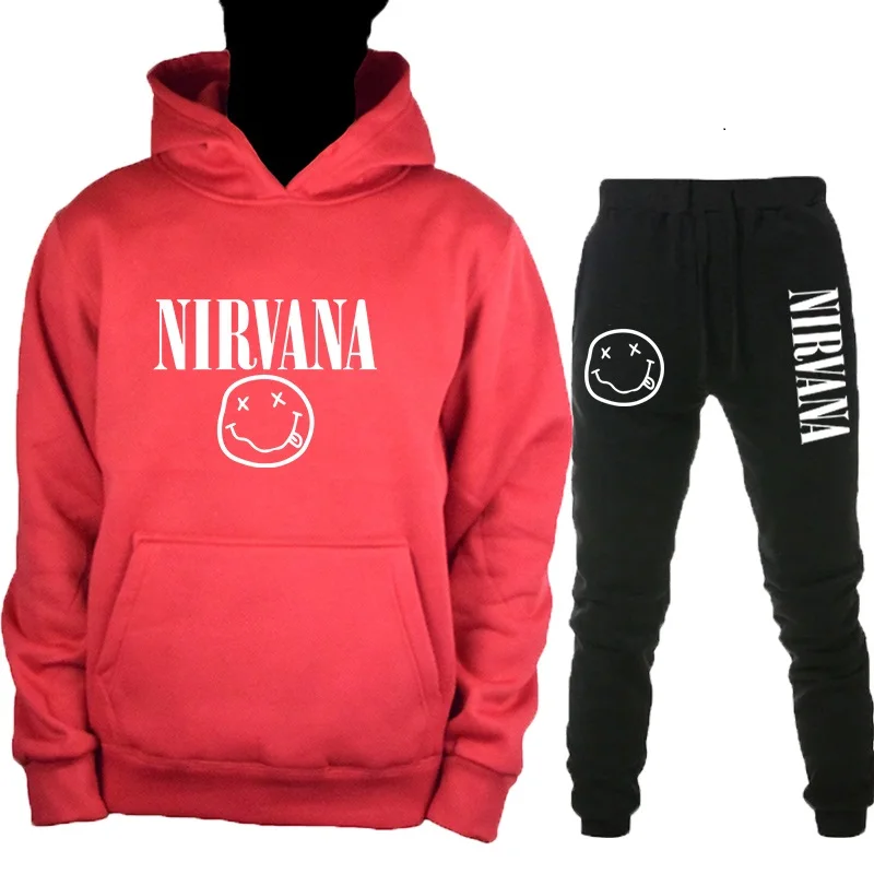 Новинка, осенняя и зимняя теплая толстовка Nirvana, Мужская/Женская модная Толстовка в стиле хип-хоп+ брюки, костюм из 2 предметов