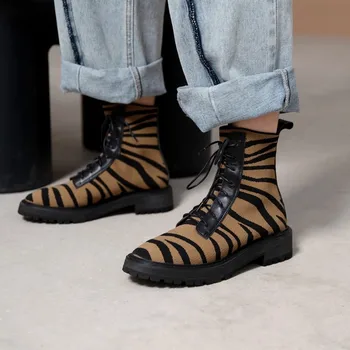 

OLOMLB Womens Round Toe Knitted Match Colors Ankle Boots Leopard Tiger Pattern Lace Up Shoes Low Heel Punk Motorcycle New 2020