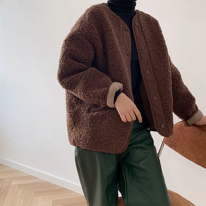 

Lamb Wool Jacket Woman Short 2019 Thickening Fashion Casual Loose Warm Long Sleeve Coat