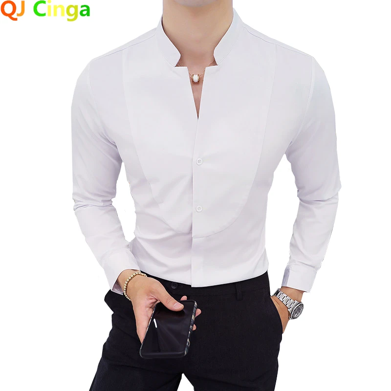 Male Stretch Long Sleeve Shirts Men&rsquo;s Stand Collar Pure Slim Fit Business Shirt Black Red White cotton shirt long sleeve shirt men casual shirt