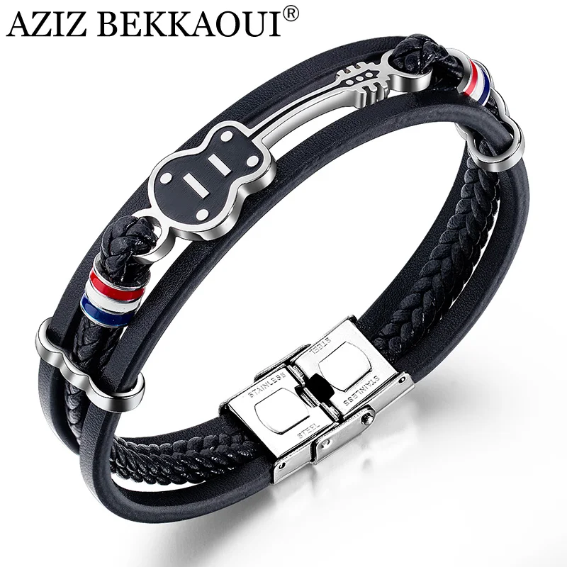 

AZIZ BEKKAOUI Black Stainless Steel Guitar Bracelets Personalized Punk Leather Bracelet for Men Engrave Rope Bangle Dropshipping