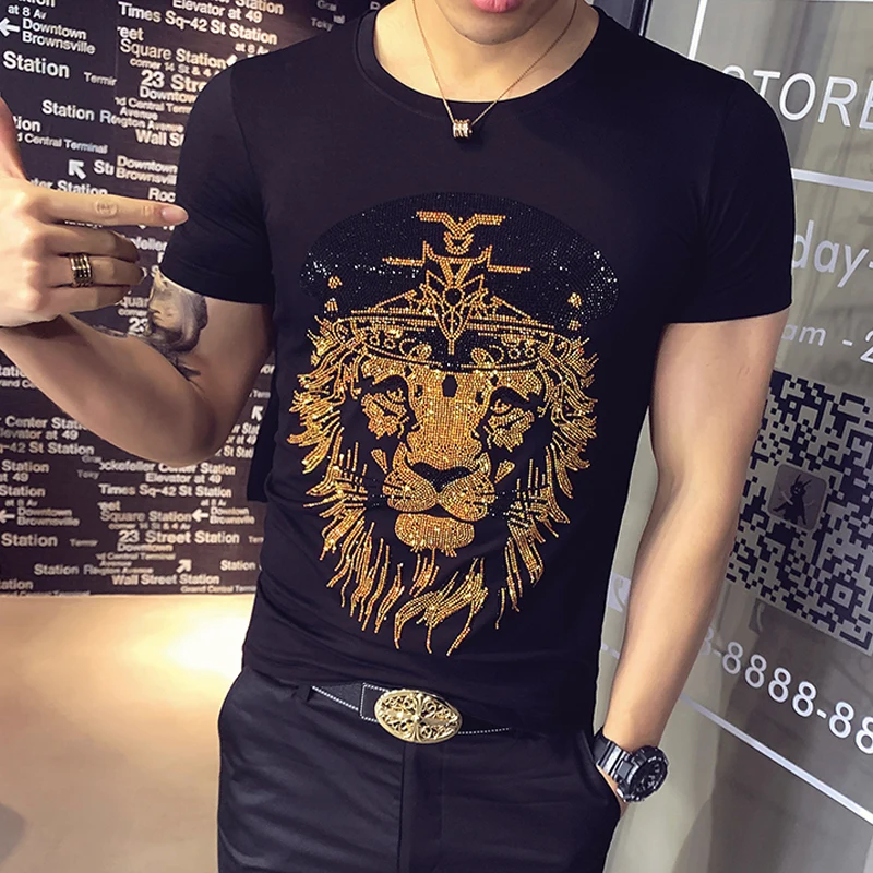 Camiseta con estampado de diamantes de imitación para hombre de talla grande 7XL, camiseta informal de manga corta con cuello redondo, camisetas de marca|Camisetas| - AliExpress