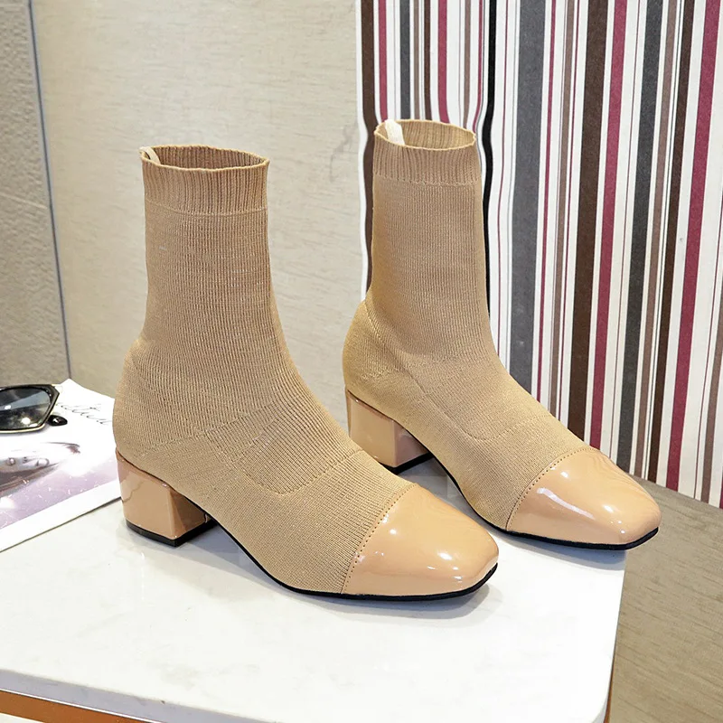 

Stretch Boots Women's New Style Knitted Autumn And Winter Wool Boots Semi-high Heeled Square Head Martin Boots Hot Selling