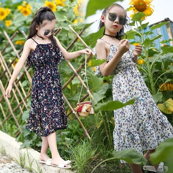 

Girl Summer Dress Floral Slim Bohemia Chiffon Beach Teen Girl Dress 2020 Black White Flower Sundress