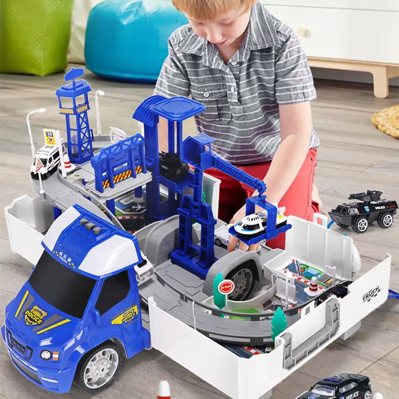 

Pull Back Car Toy Large Simulation Engineering Vehicle Model Deformation Parking Lot with 6pcs Mini Alloy Car For Kids Boys Gift