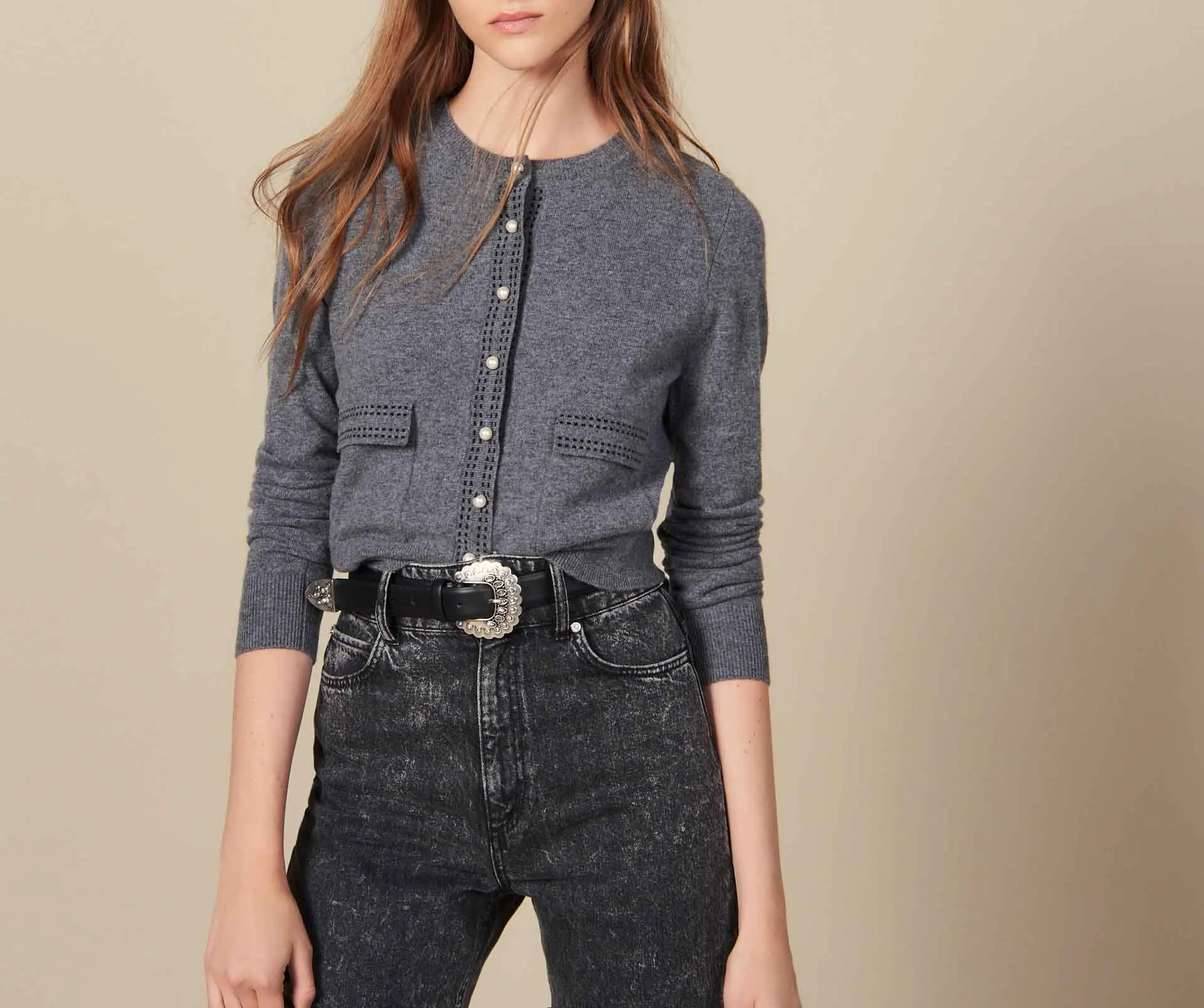 

Women Sweater 2019 Autumn and Winter New Elegant Pearl Buckle Patch Pocket Slim Knit Cardigan Coat