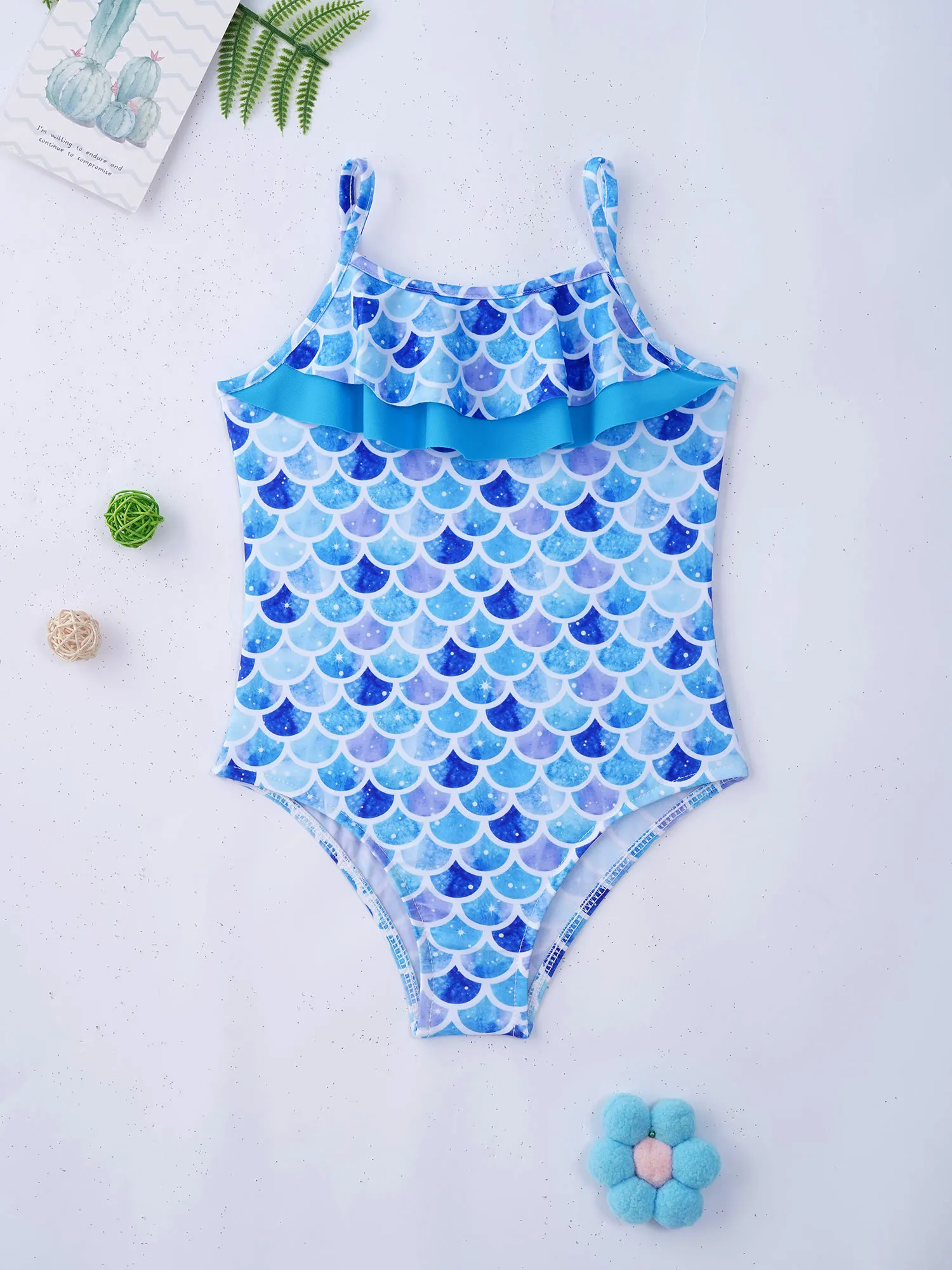 TiaoBug Kids Girls One-Piece Swimming Bodysuit Swimwear Straps Ruffle Hem Fish Scales Print Beach Pool Bathing Jumpsuit Leotard