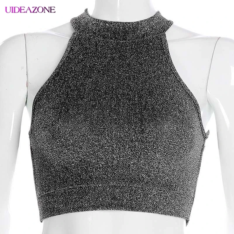 Женский топ с лямкой на шее UIDEAZONE серебристый бандажный Топ без рукавов блестками