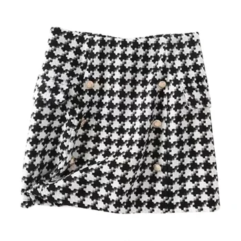 

Women Skirt Autumn Winter Double-breasted Woolen Lattice Skirt New High Waist Short Skirt Hip Skirt L