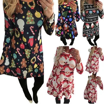 

Women Dress Cute Sweet Xmas Cartoon Print Christmas Party Dress Plus Size Autumn Winter Long Sleeve Casual Mini Dress Vestidos