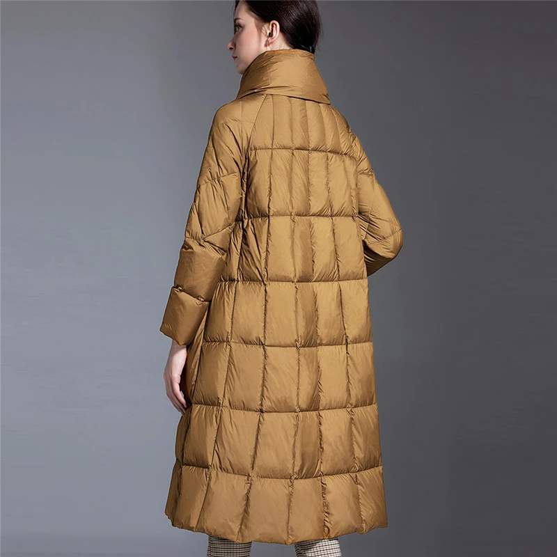 Tie Scarf Thick Down Jacket Women Warm European Plaid Fashion Solid Puffer Coat Winter White Duck Down Coat Female QQ12
