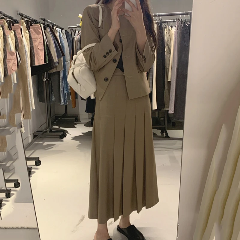 

2020 Autumn Winter Vintage Elegant Two Piece Set Women Blazers Coat long Pleated Skirt Suits chandal mujer clothes for women