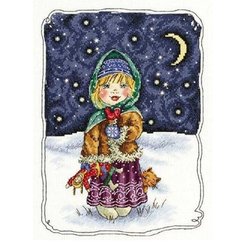 Russian Christmas Eve Girl Child and The Cat in Snowy Day Winter night M630