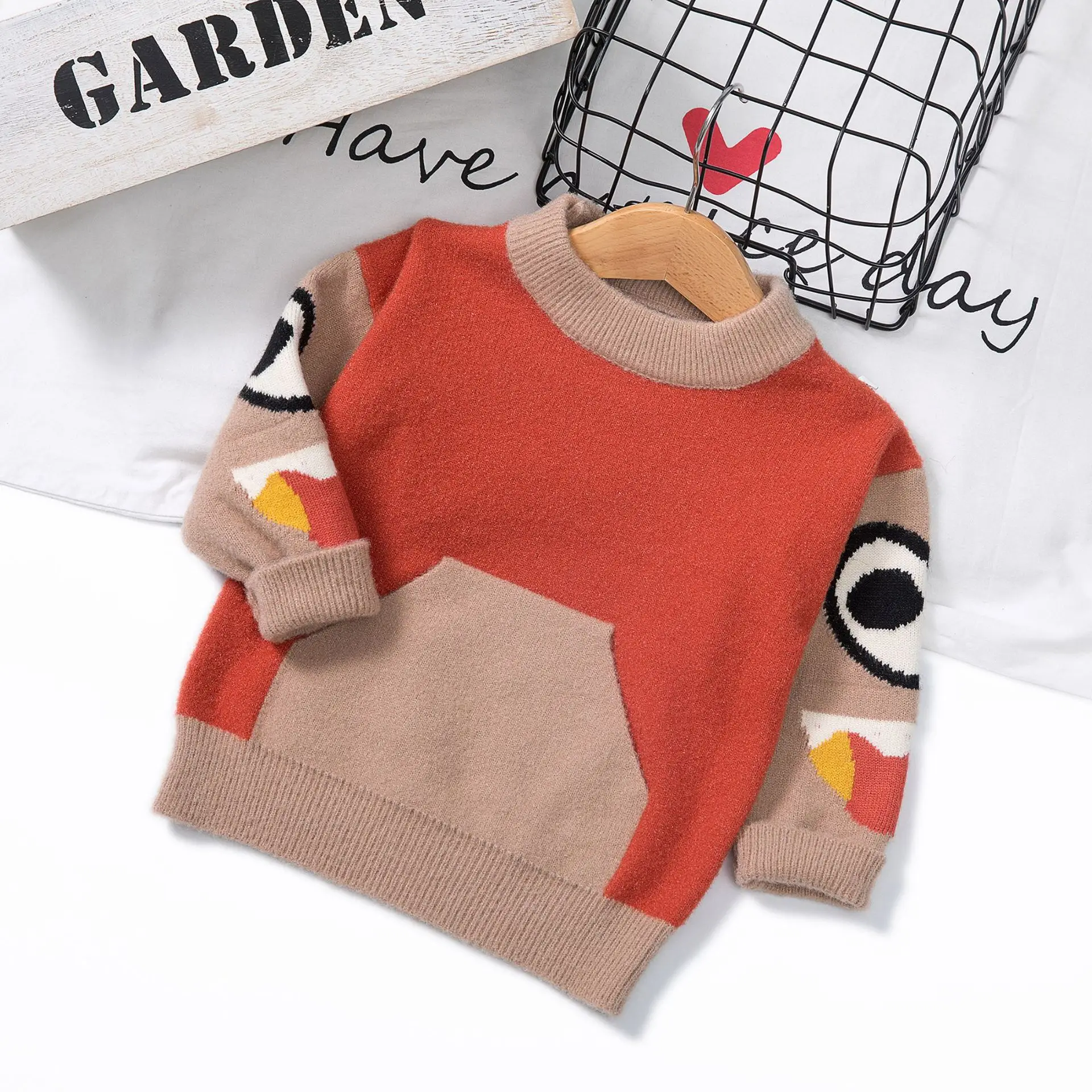 

Toddler Infant Baby Girls Boys Sweaters Tops Long Sleeve Cartoon Patchwork Pocket Pullover Warm Autumn Winter Turtleneck Warm