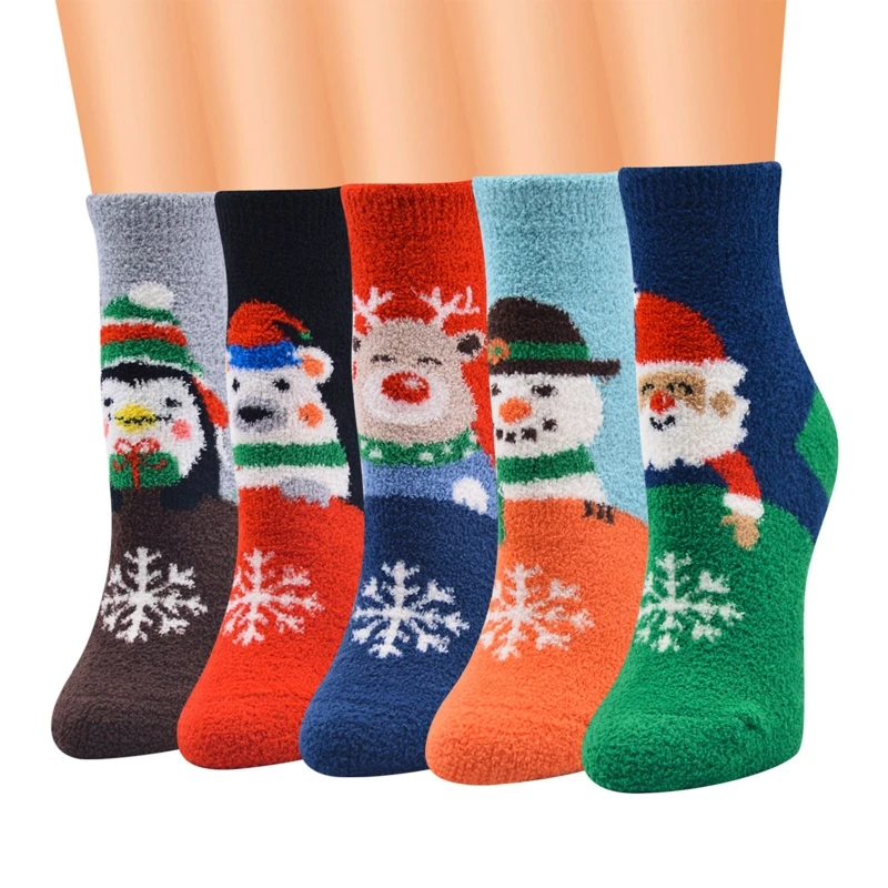 

10 Pairs Mixed Women Christmas Holiday Fuzzy Crew Socks Novelty Colorful Cartoon Patterns Winter Warm Terry Hosiery Gift