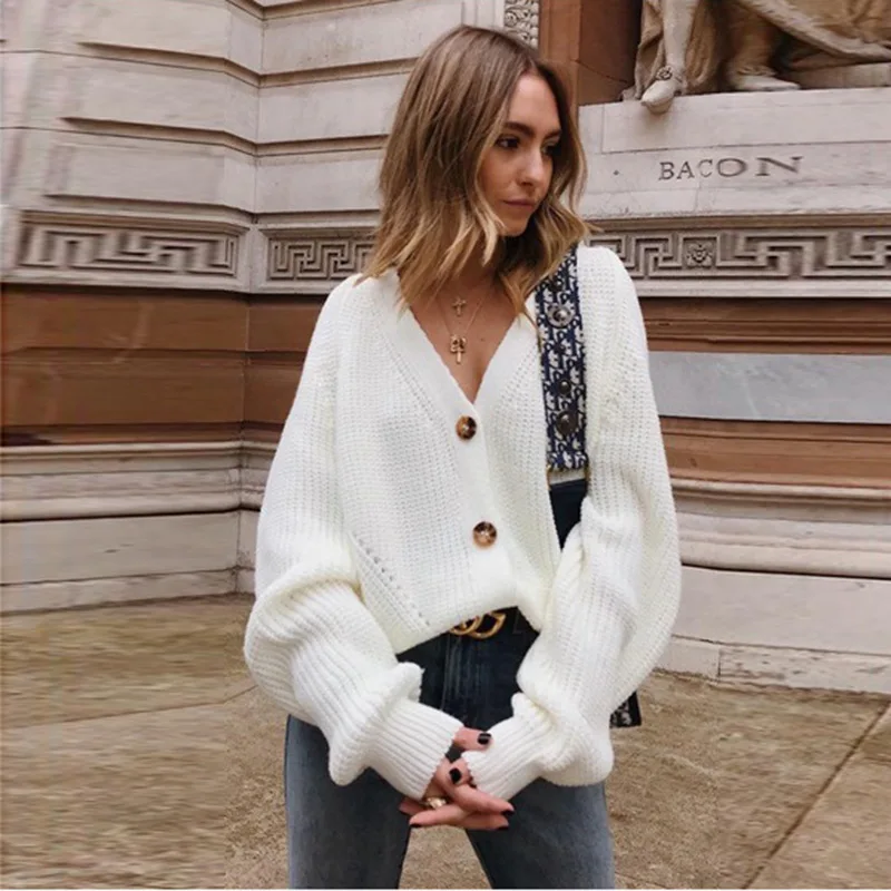 Autumn Winter Women Cardigan 2020 New Solid V Neck Button Knitted Sweater  Khaki White Oversized Casual Cardigan Sweater Tops - Cardigan - AliExpress