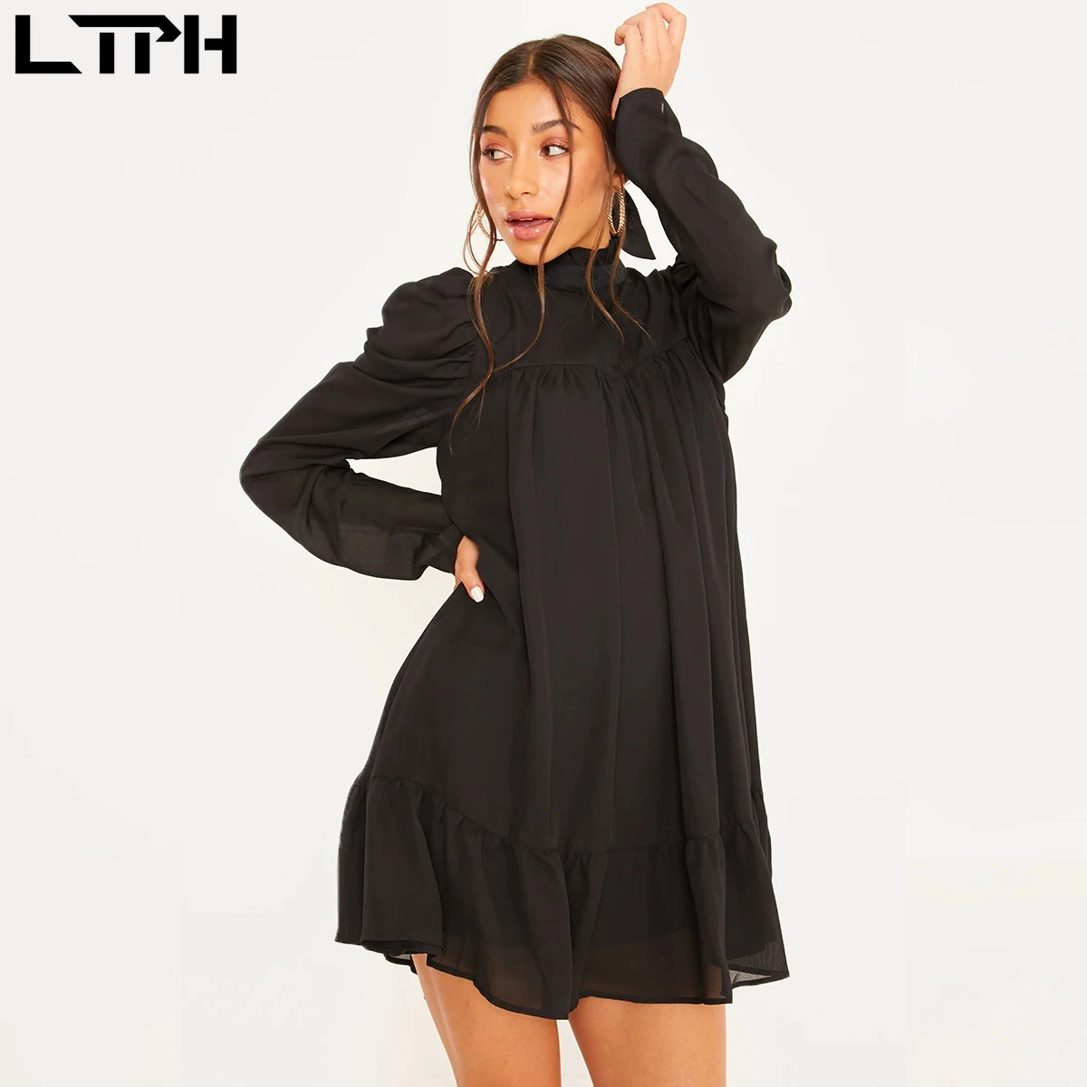 Goede Hot 2019 Herfst Nieuwe Mode Vrouwen Temperament Forens Bladerdeeg Mouw Kleine Hoge Kraag Natuurlijke Een Woord Knie Chiffon Jurk