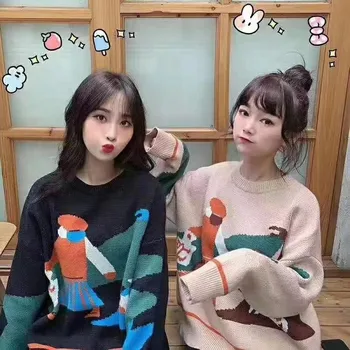 

2020 spring and autumn fun oil painting art sense cartoon pattern jacquard knitted long-sleeved T-shirt 933