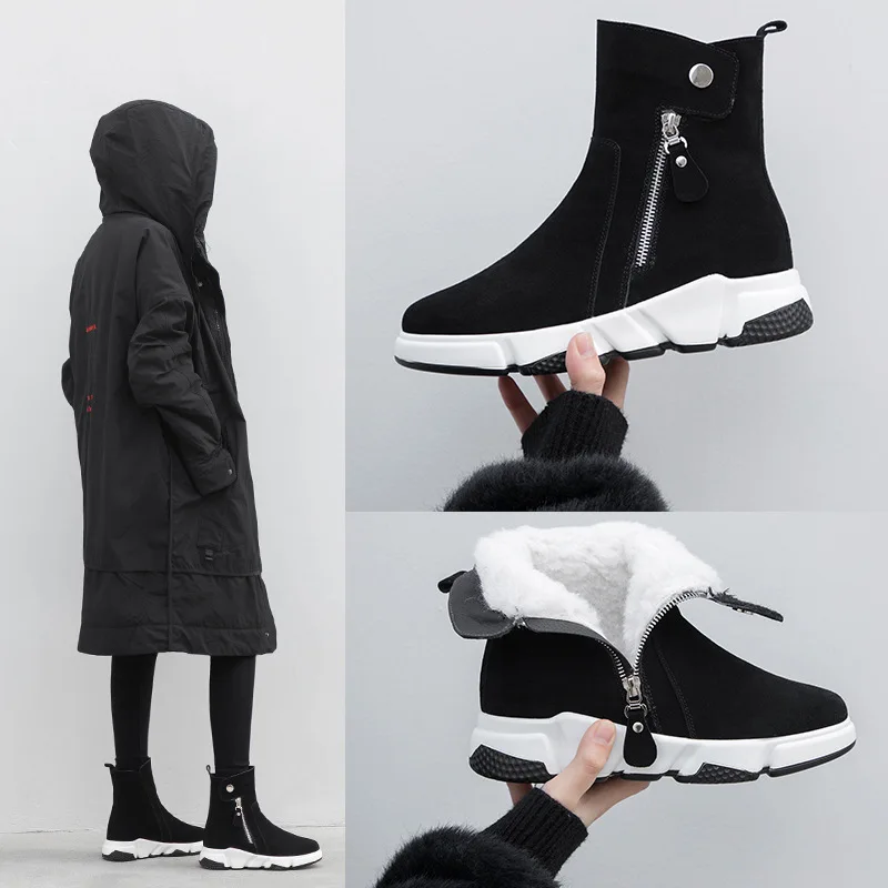 

Wool Snow Boots 2019 Autumn And Winter Reversible Cowhide Casual Short Boots Side Zipper Genuine Leather Thick Bottomed Slugged