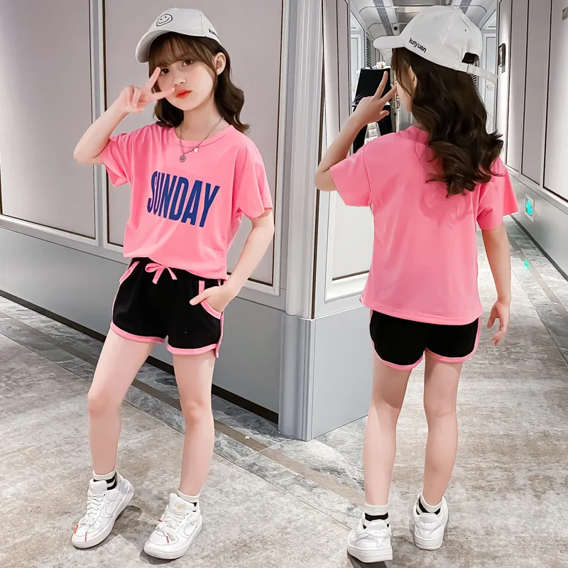 Summer Girls Clothes Set Short Sleeve T-shirt+Short Pants 2 PCS Children Clothing For Girls Teen Kids Clothes 4 6 8 10 12 Years