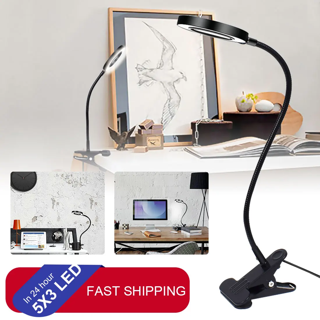 Flexible 3X/5X USB 3 Colors Lamp Magnifier Clip on Table Top Desk LED