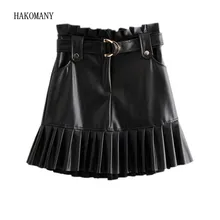Осень, плиссированные юбки из искусственной кожи с деревянными ушками и высокой талией, Женская винтажная посылка, Короткие мини юбки с трапециевидным подолом