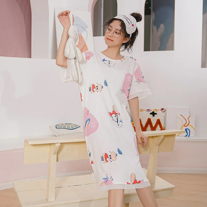 

Peach Scent Pajamas Women's Summer Short-sleeved Pure Cotton Cute Cherry Printed Women's Crew Neck Medium-length Pajamas Skirt