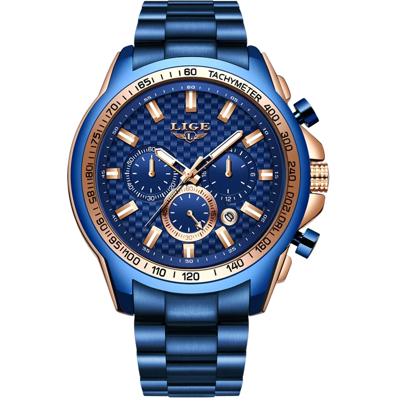 LIGE, новые модные мужские часы с нержавеющей сталью, Топ бренд, роскошные спортивные кварцевые часы с хронографом, мужские часы