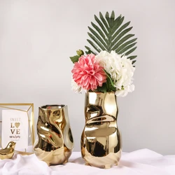 Nordic style ceramic vase irregular creative electroplating golden ornaments home soft decoration flower pot flower arrangement