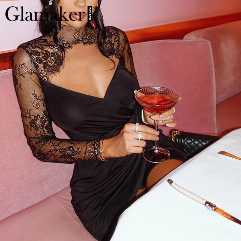 

Glamaker Sexy hollow out black lace dress Women bodycon party club mini dress Elegant turtleneck pleated spring short dress