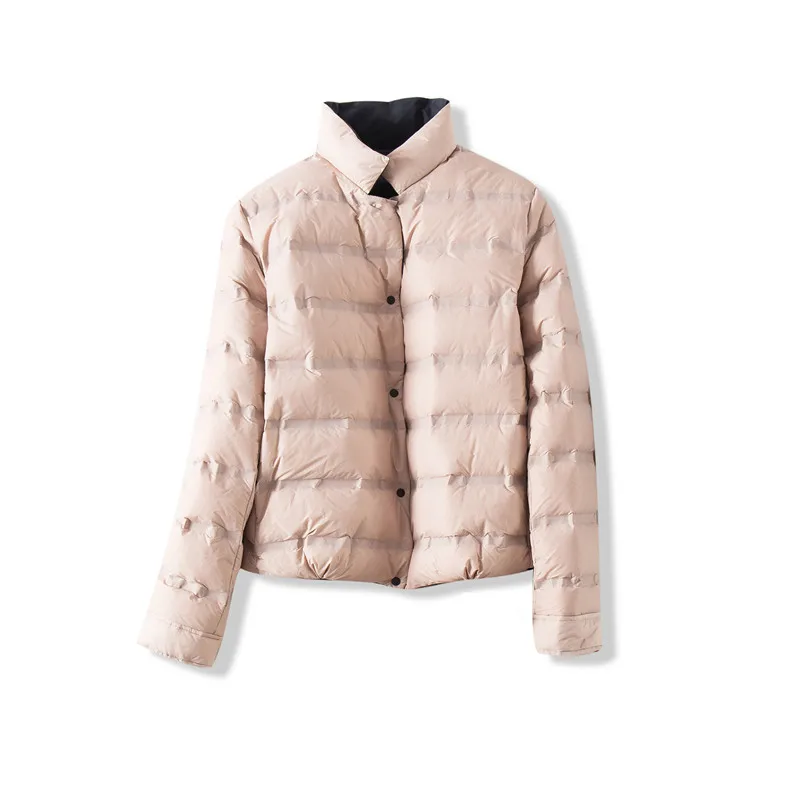 

Women Autumn Coat Long Sleeve Stand Collar Short Winter Thin Down Jacket Wear On Both Sides Pink Outerwear Ladies Clothes G588