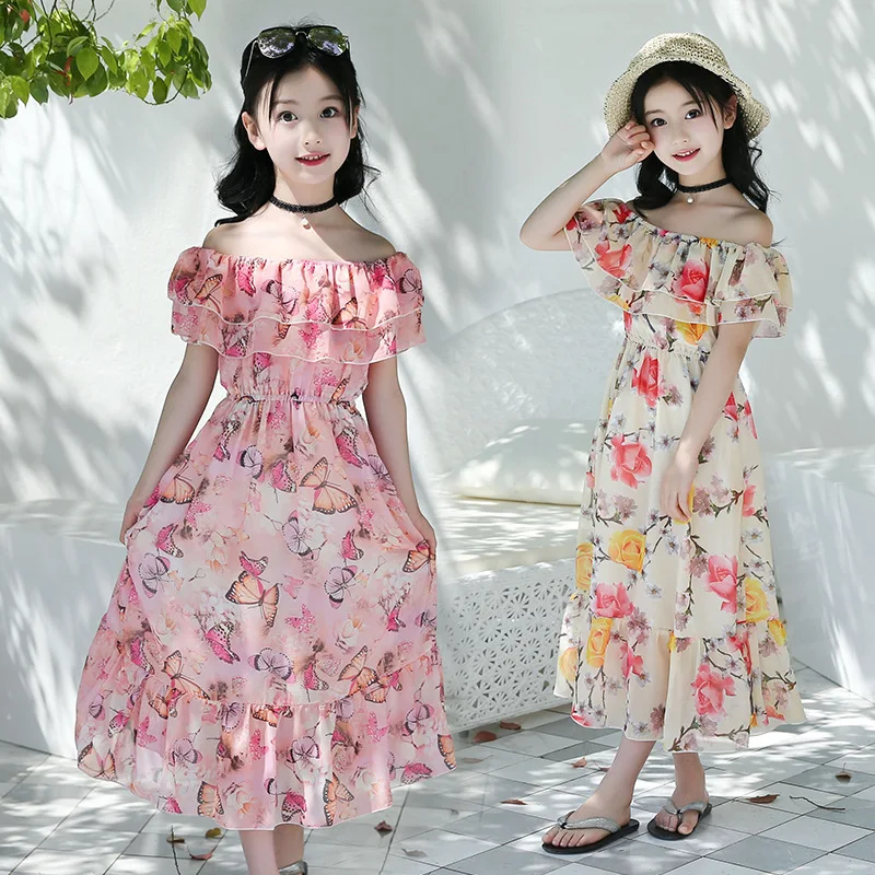 

Girl'S Big Boy Students Soft Chiffon Exposed Shoulder Dress Children Summer Bohemian Thin Dress