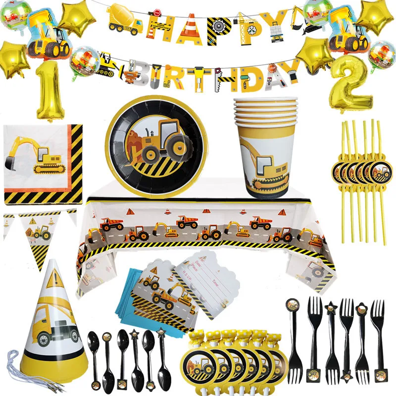Juego de vajilla desechable con tema de construcción para fiesta de cumpleaños, decoración de feliz cumpleaños para niños, dibujos animados, coche, globos, platos, vasos