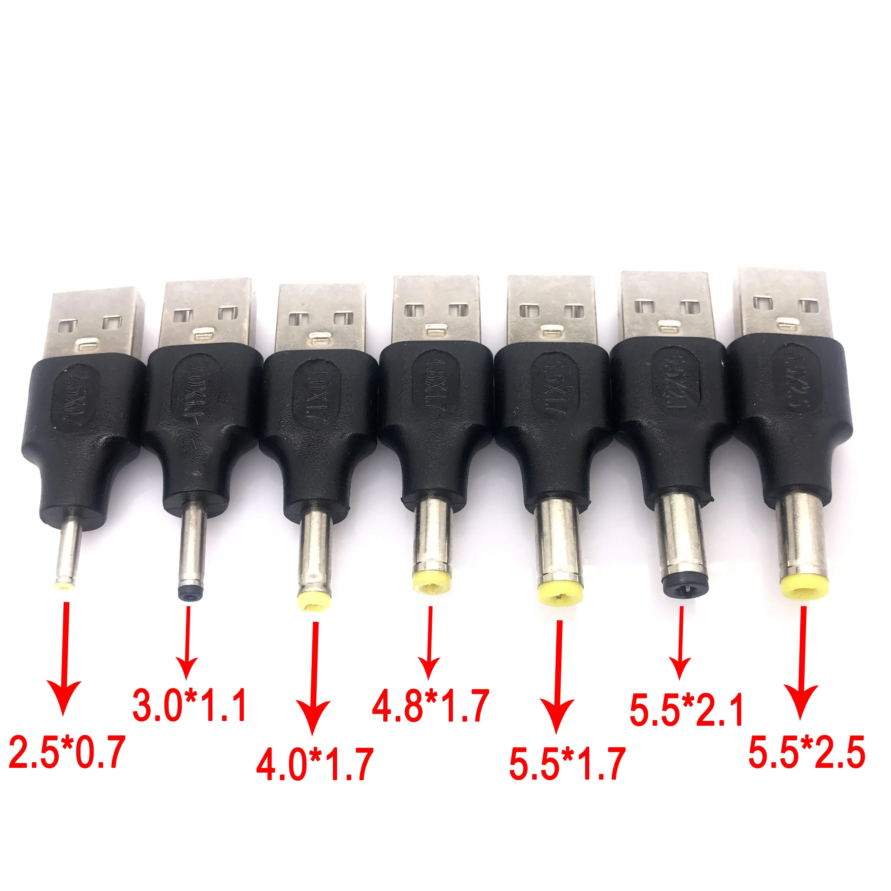 

1pcs DC Power plug connector 5.5x2.5 5.5x2.1 5.5x1.7 4.8x1.7 4.0x1.7 3.0x1.1 2.5x0.7mm DC male Adapter Connector to USB 2.0 A