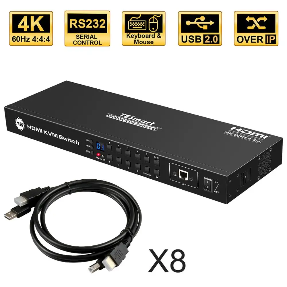 HDMI переключатель 16 в 1 KVM 16x1 до 4k @ 60 Гц Поддержка LAN RS232 с 8 шт. квм