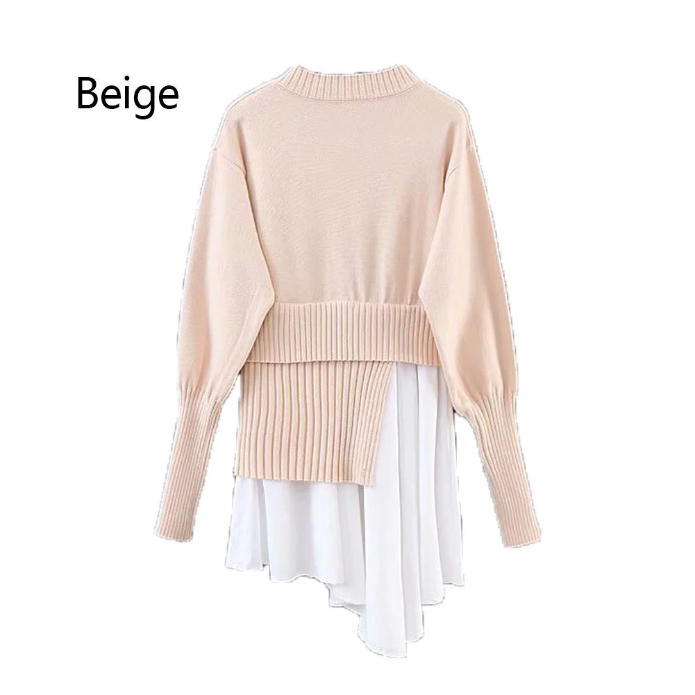 Beige Необычные вязаные пуловеры женские модные вязаные свитера женские запонки поддельные две части подол свитера сшивание свитер - Цвет: Beige