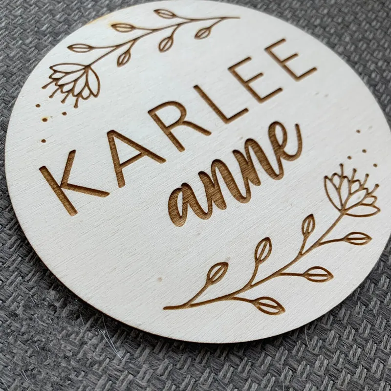 

Engraved Wood Baby Name Sign Customize floral Newborn Announcement disc Nusery decor Milestones cards Newborn props Baptism gift