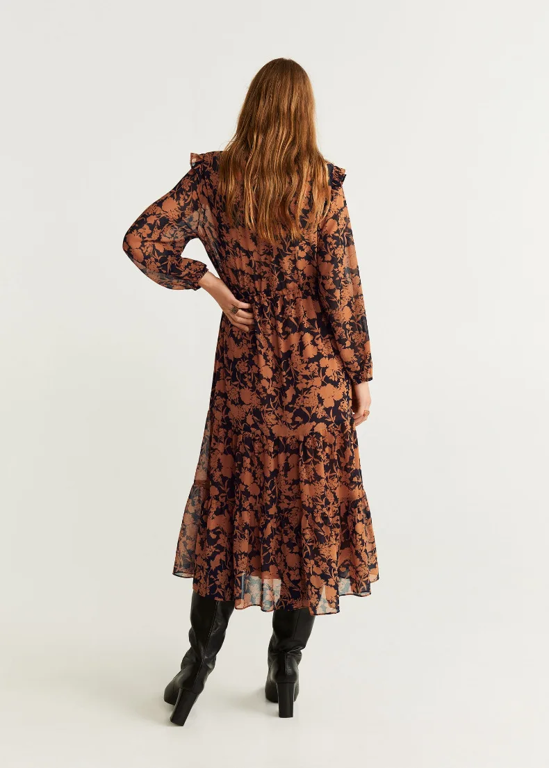 QZ913 Новая мода женщин цветочный принт плеча оборками с длинным рукавом платье осень подходит всем Vestidos